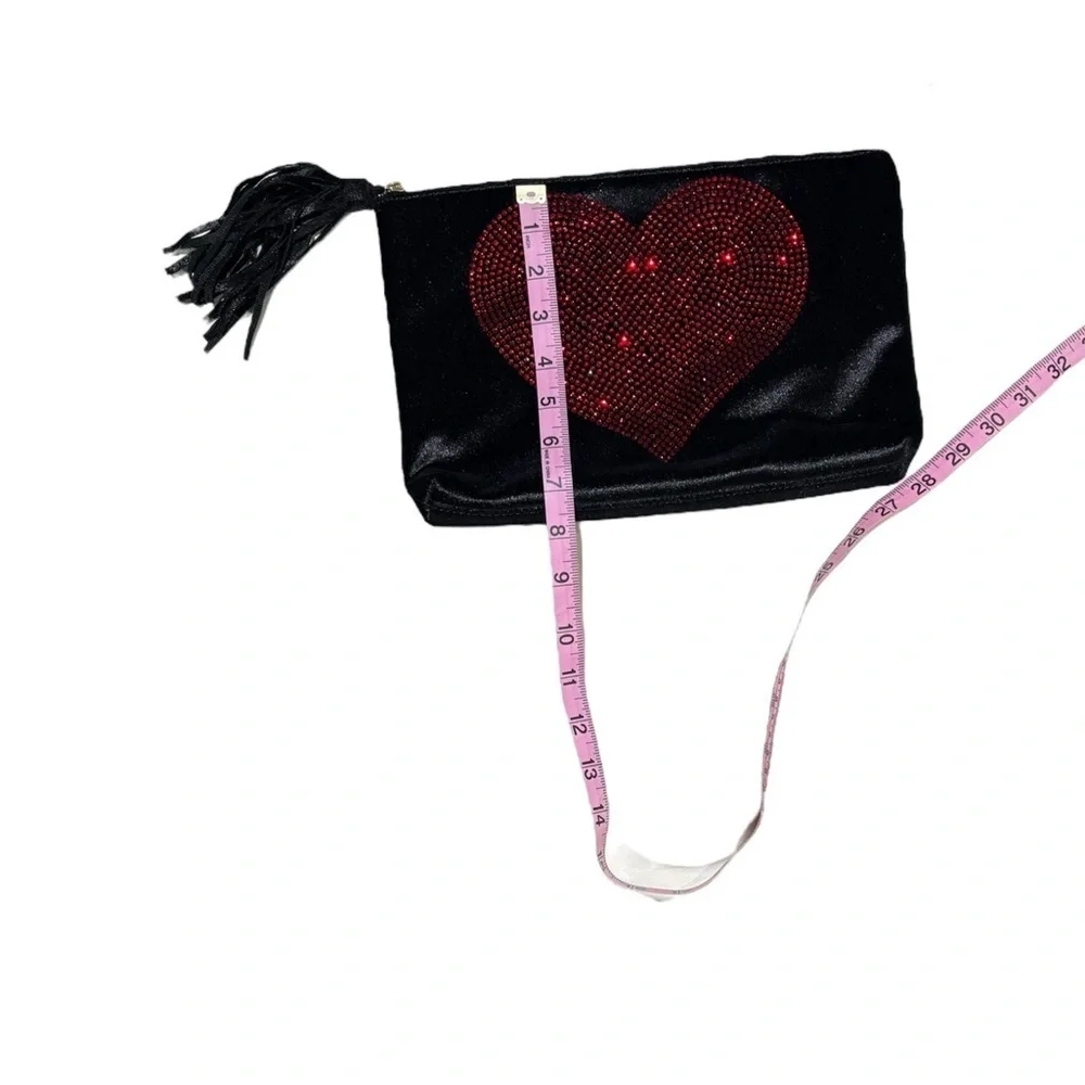 Ahdorned Velvet Red Heart Black Clutch with Tassel